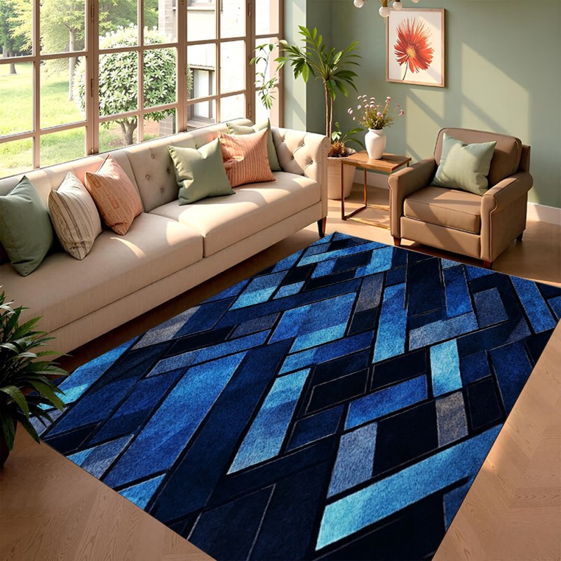 Esports Gaming Live - Nordic Blue Geometric Patchwork Area Rug